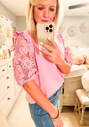 Pink Mauve Top with Crochet Floral Sleeves