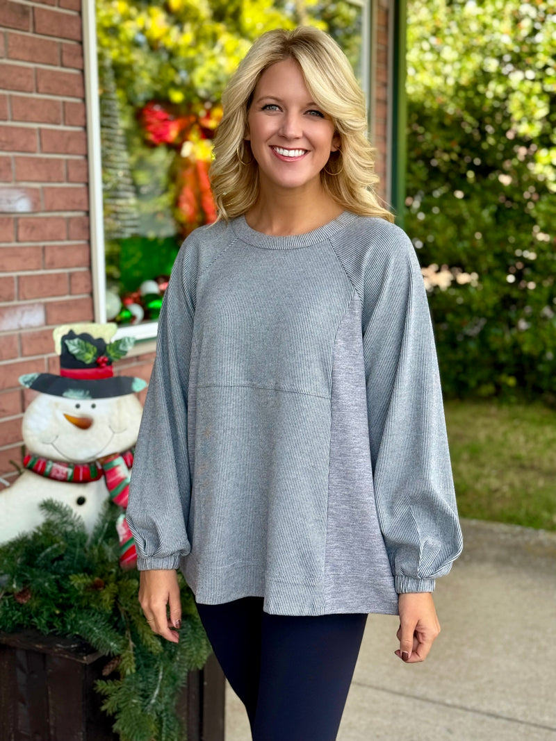 Grey Stripe Pleat Sleeve Tunic Top