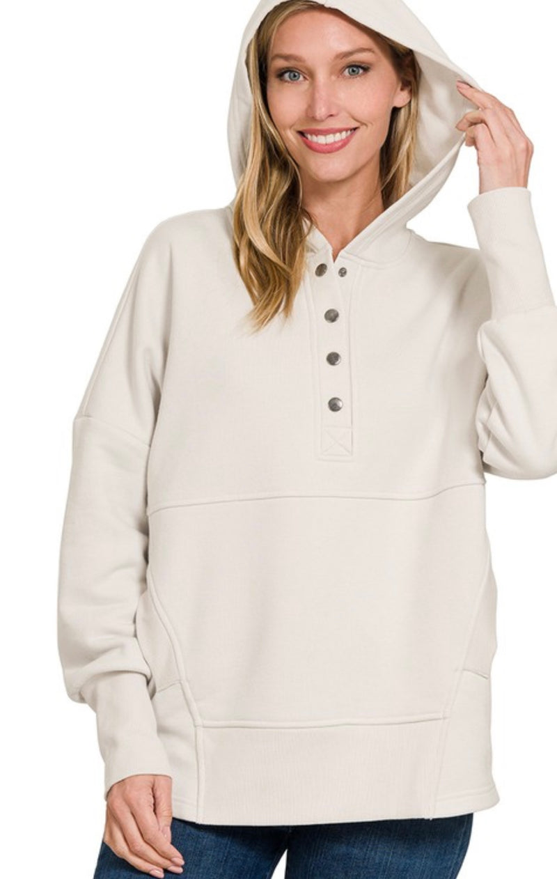 Bone Button Detail Hooded Pullover