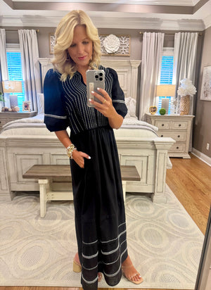 Black Midi Dress with White Embroidery Details