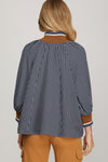 Navy Stripe Half Zip Top with Contrast Neckline