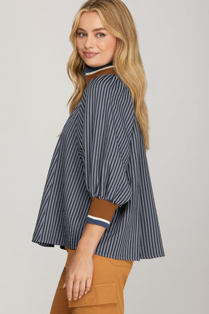 Navy Stripe Half Zip Top with Contrast Neckline