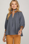 Navy Stripe Half Zip Top with Contrast Neckline