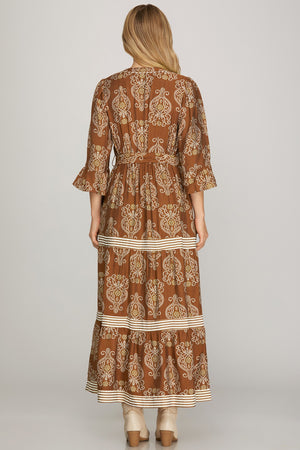 Printed Midi Dress with Contrast Detail & Tie Belt