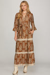 Printed Midi Dress with Contrast Detail & Tie Belt