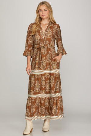 Printed Midi Dress with Contrast Detail & Tie Belt