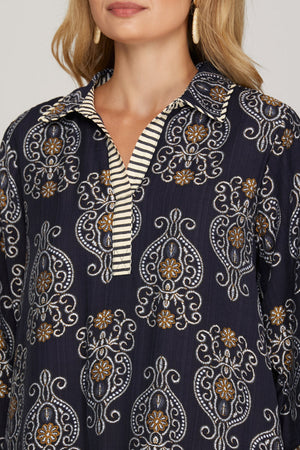 Navy Printed Dress with Contrast Detail