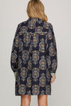 Navy Printed Dress with Contrast Detail