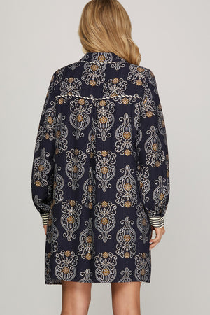 Navy Printed Dress with Contrast Detail