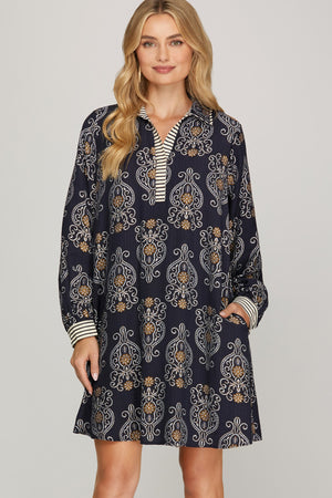 Navy Printed Dress with Contrast Detail