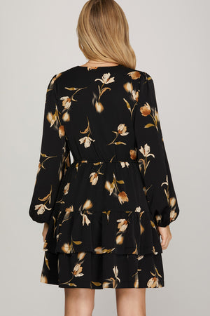 Black Floral Tiered Ruffle Dress