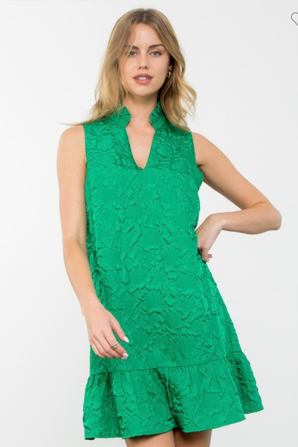 Kelly Green Floral Textured Dress with Ruffle Detail