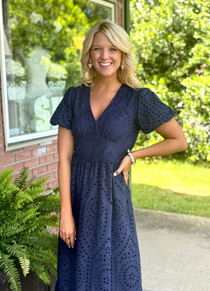 Navy Eyelet Lace Midi Dress