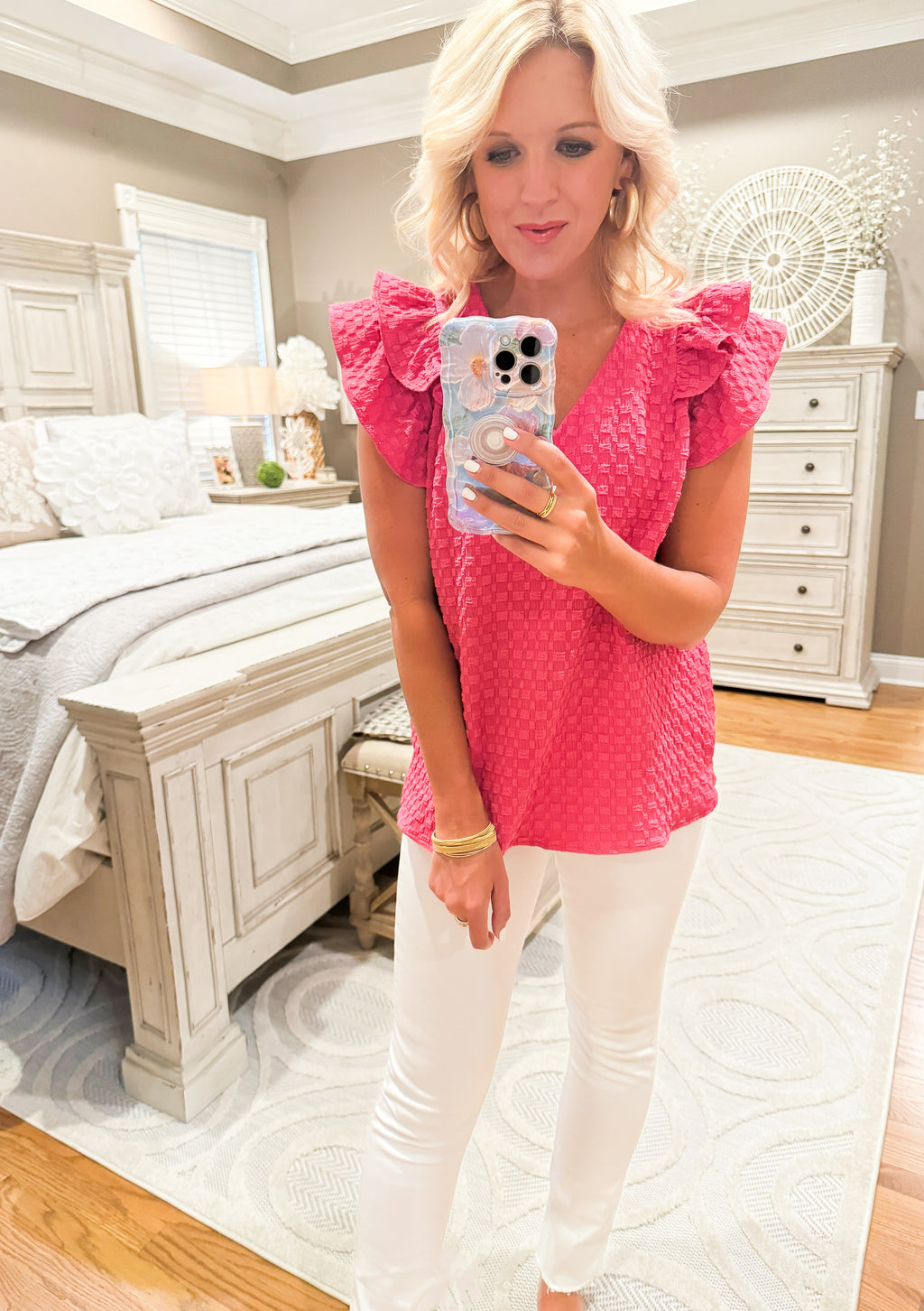 Pink Textured Top with Flutter Sleeves