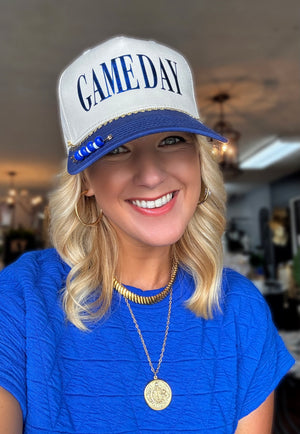 Royal Blue GAME DAY Custom Hat with Chain & Bead Details **PRE-ORDER**