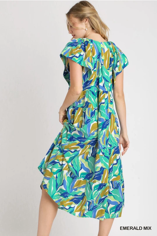 Printed V-Neck Tiered A-Line Midi Dress