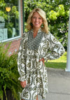 Olive Printed Dress with Smock Neckline Detail