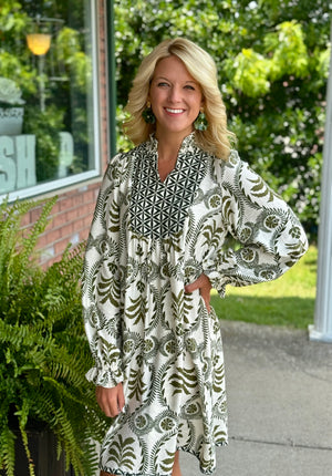 Olive Printed Dress with Smock Neckline Detail