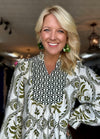 Olive Printed Dress with Smock Neckline Detail