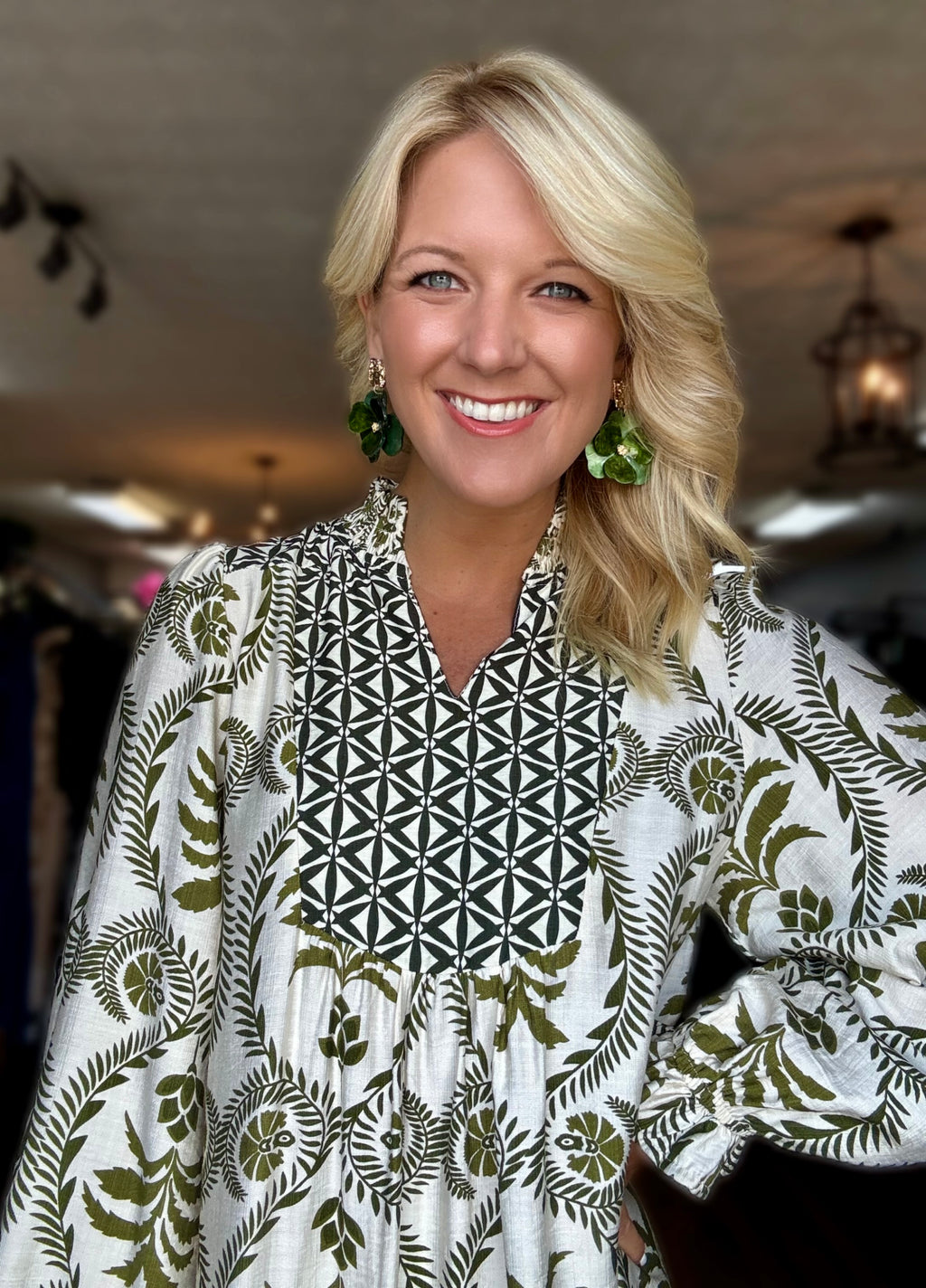 Olive Printed Dress with Smock Neckline Detail