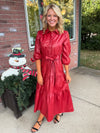 Red Faux Leather Midi Dress