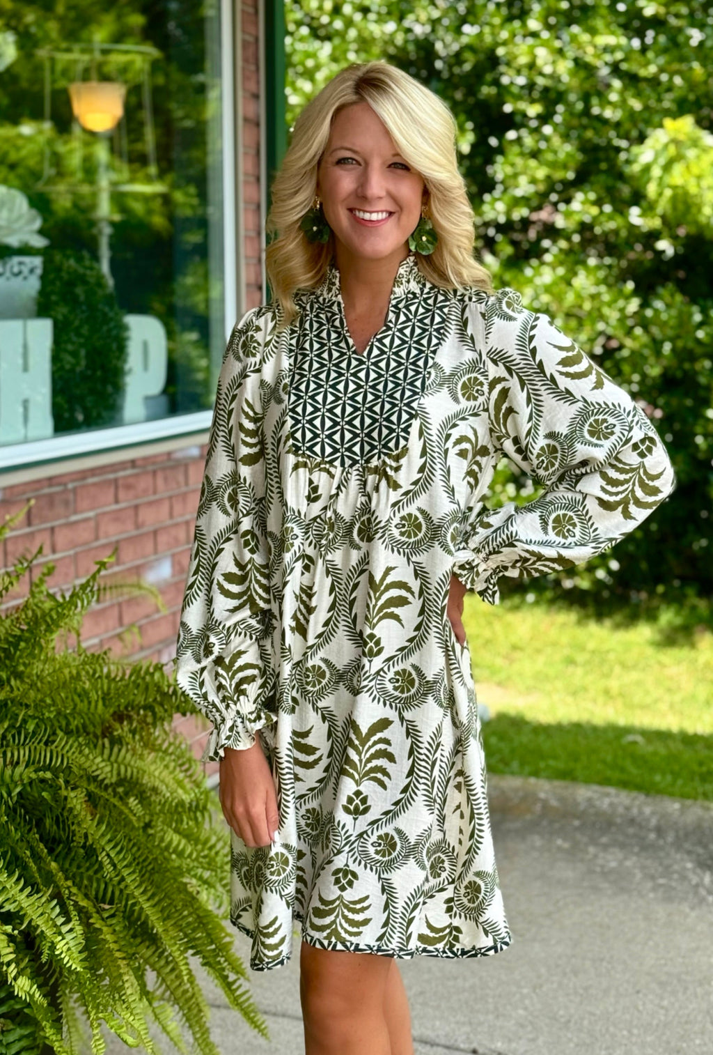 Olive Printed Dress with Smock Neckline Detail