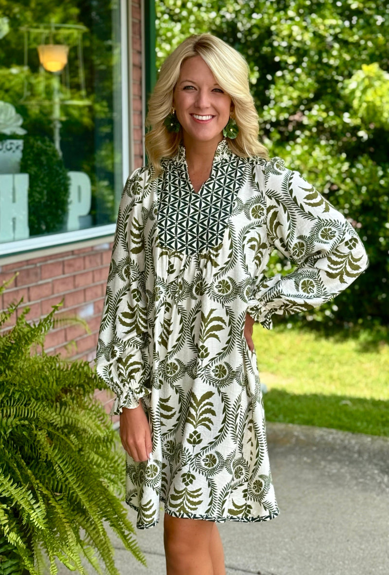 Olive Printed Dress with Smock Neckline Detail