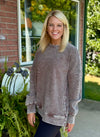 Brown Acid Wash Ribbed Pullover Tunic Top