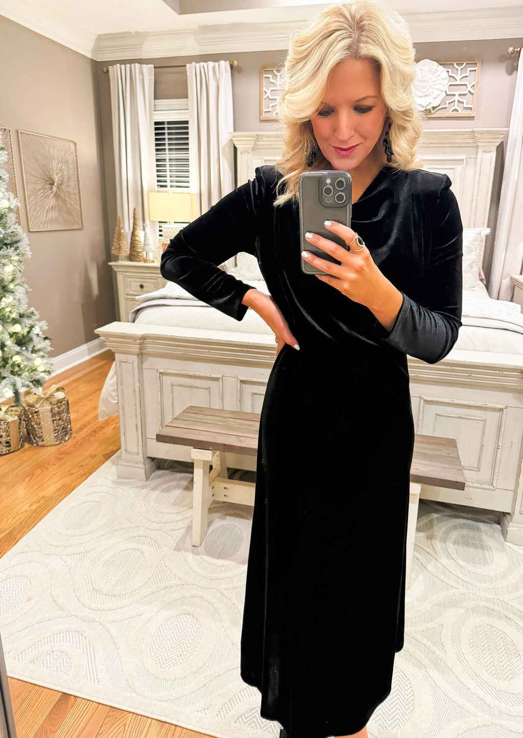 Black Drape Neck Velvet Dress