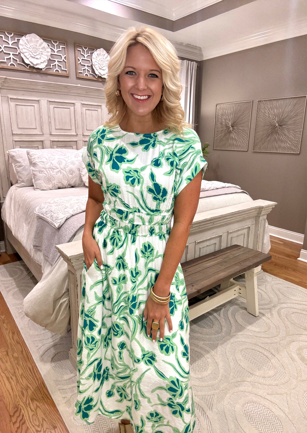 Green Drop Shoulder Floral Midi Dress