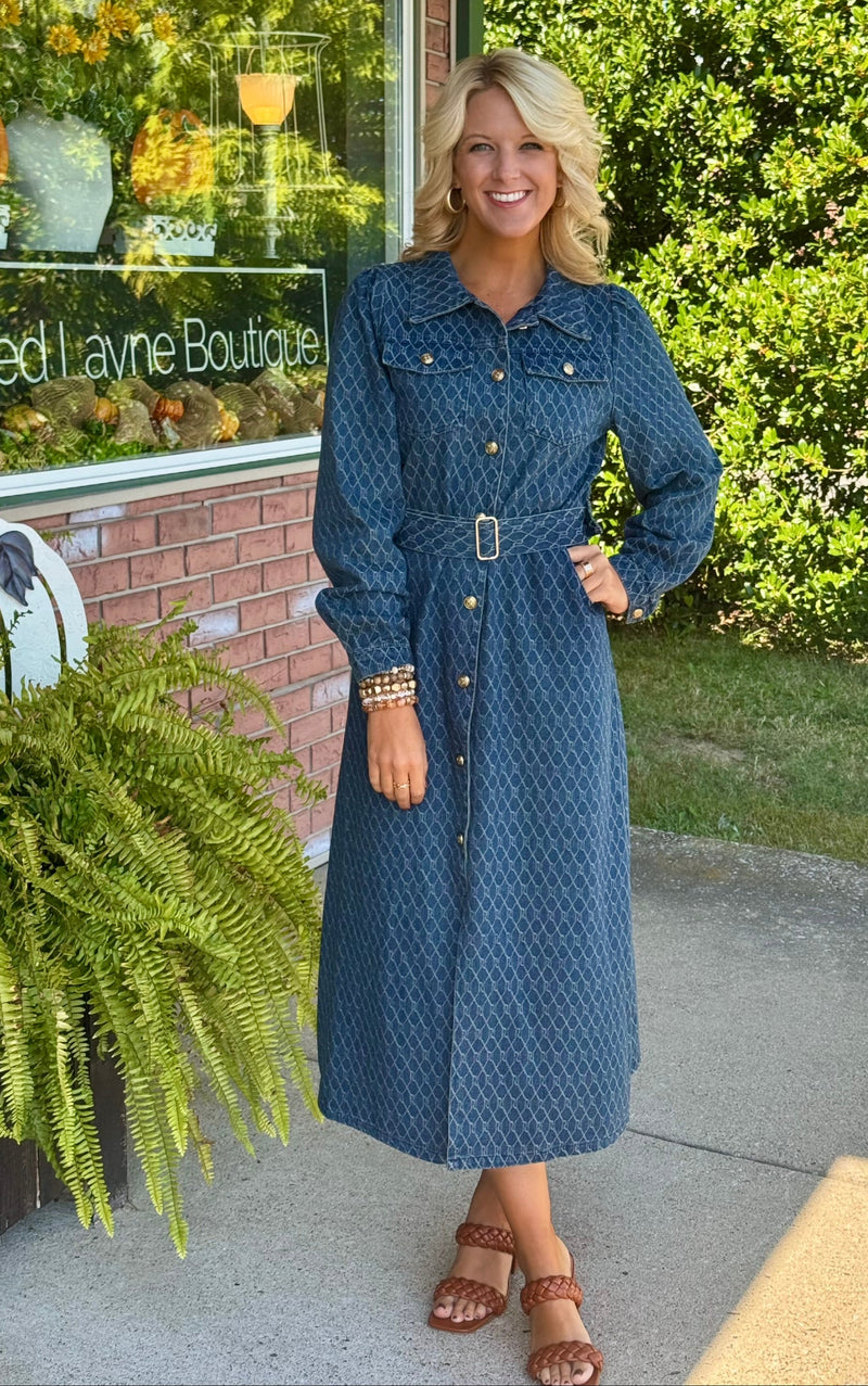 Textured Denim with Gold Button & Belt Details