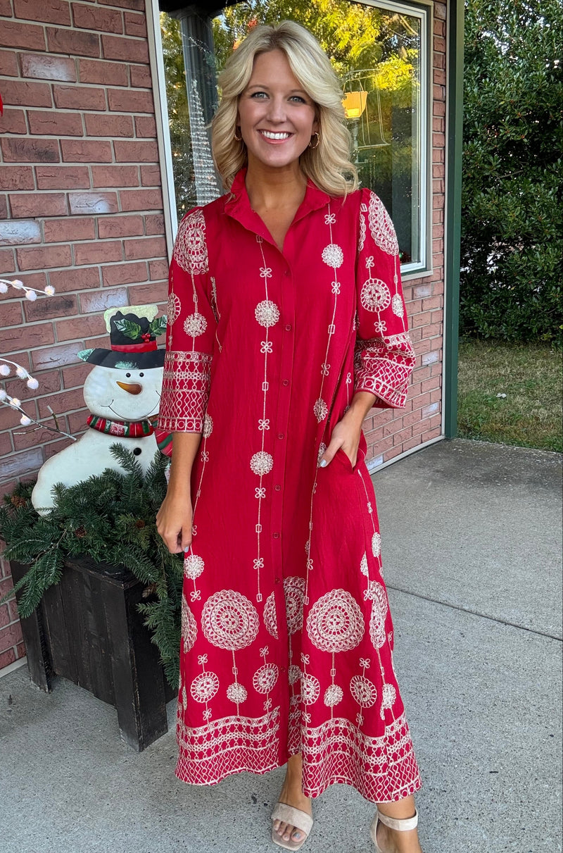 Red Midi Dress with Gold Embroidered Detail