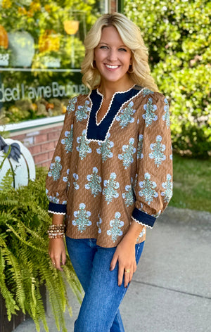 Floral Print Top with Scallop Accent Trim