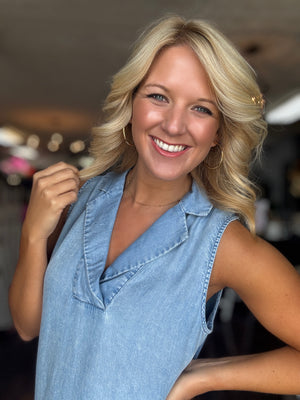 Chambray Collared Dress with Pockets