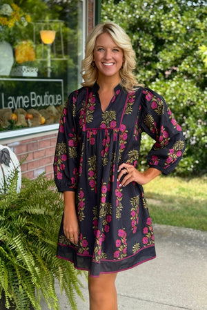 Black Floral Babydoll Dress with Trim Detail