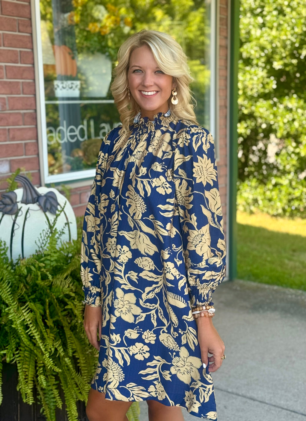 Navy Printed Dress with Ruffle Smocked Neckline & Sleeve Detail