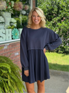 Navy French Terry Pleated Mix Media Dress