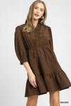 Brown Ruffle Trim Textured Dress
