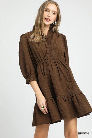 Brown Ruffle Trim Textured Dress