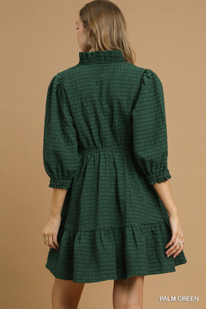 Green Ruffle Trim Textured Dress
