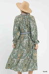 Green Paisley Mixed Print Belted Midi Dress