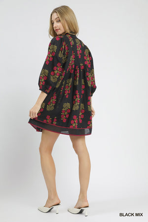 Black Floral Babydoll Dress with Trim Detail