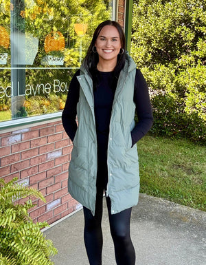 Olive Long Puffer Vest with Hood