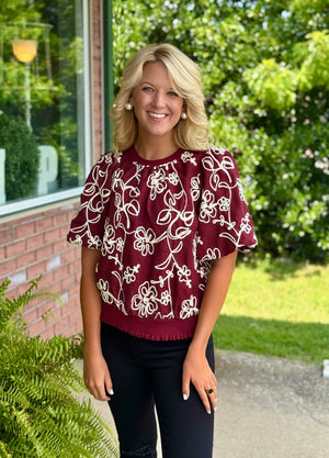 Burgundy Floral Embroidered Top