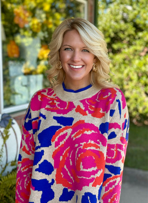 Printed Floral Sweater with Colorblock Neckline