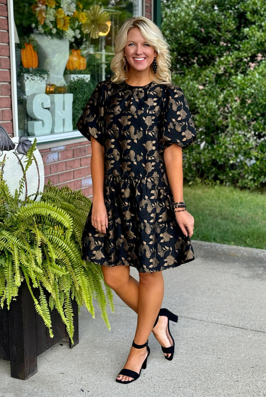 Rose Printed Puff Sleeve Dress