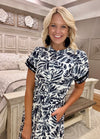 Printed Midi Dress with Drawstring Waist & Sleeve Detail