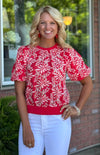 Red Embroidered Eyelet Bubble Sleeve Top
