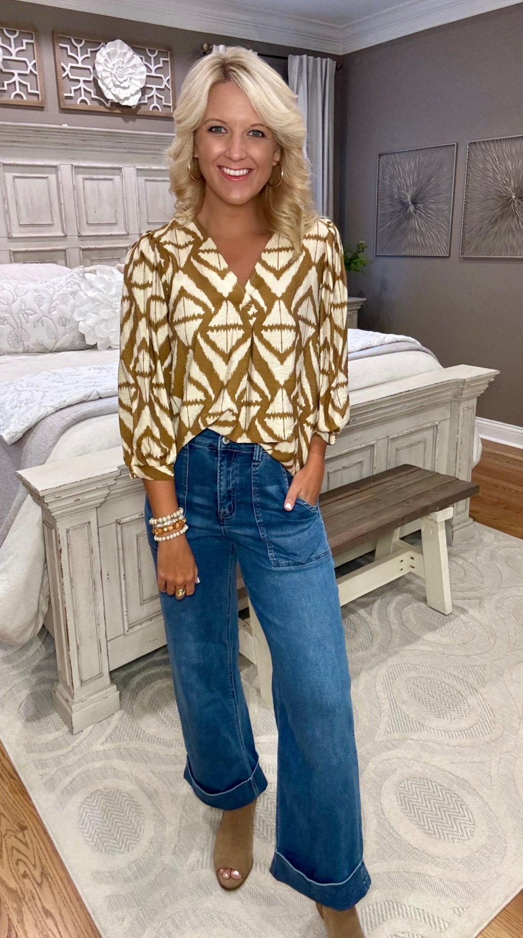 Geo Print Top with Puff Sleeves