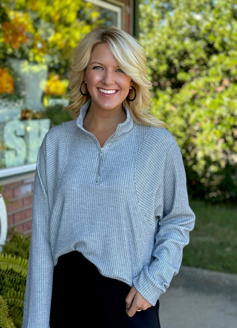 Grey Stripe Textured Half Zip Sweatshirt